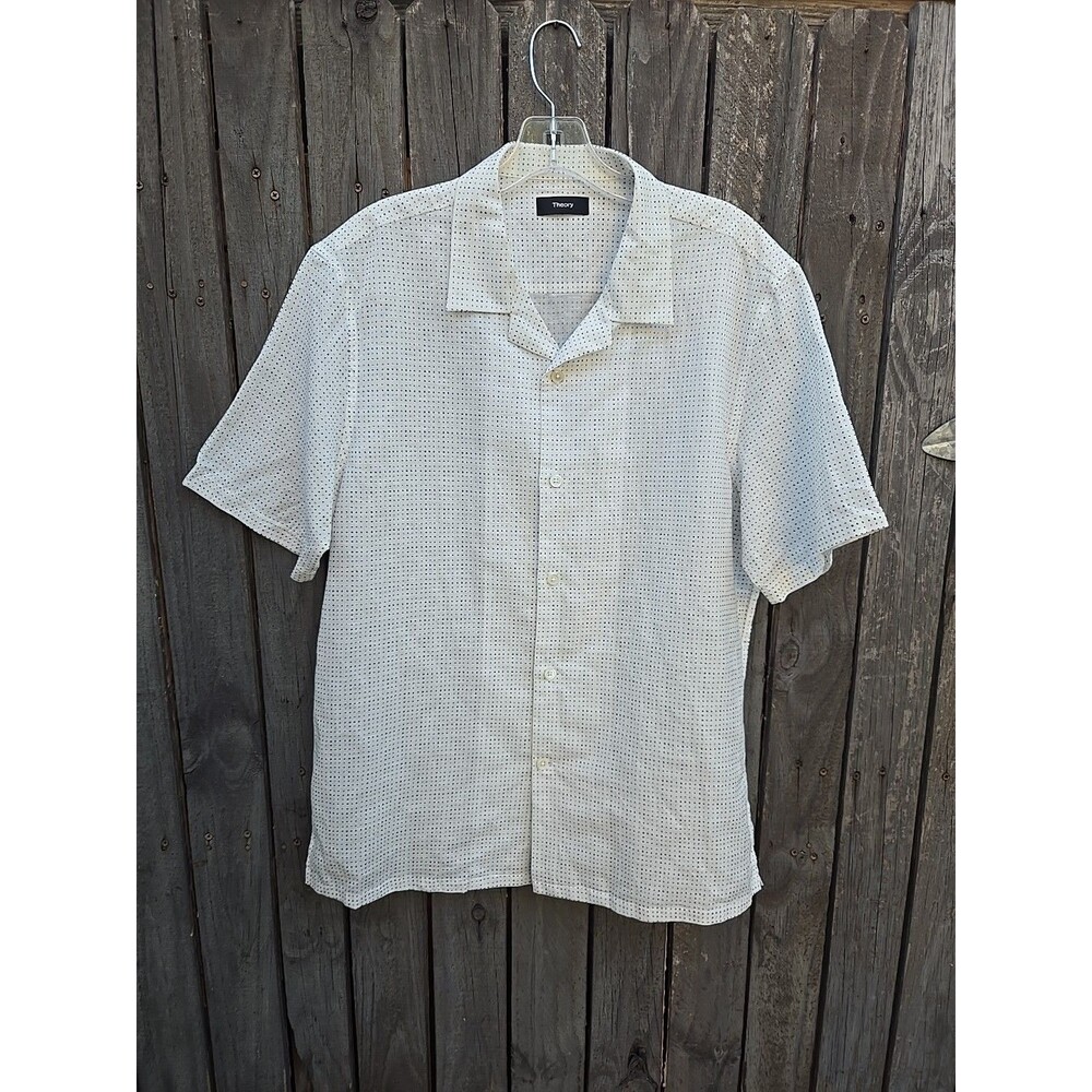 Theory Linen Cotton Short Sleeve Button Shirt Mens L White Micro Print Lightweig